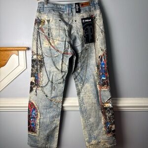 PREME Men’s Light Blue Graphic Straight Jeans with Chain & Stained-Glass Detail